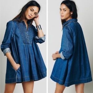 FREE PEOPLE BABY BLUES DENIM BABY DOLL TUNIC MINI DRESS SMALL $148 EXCELLENT